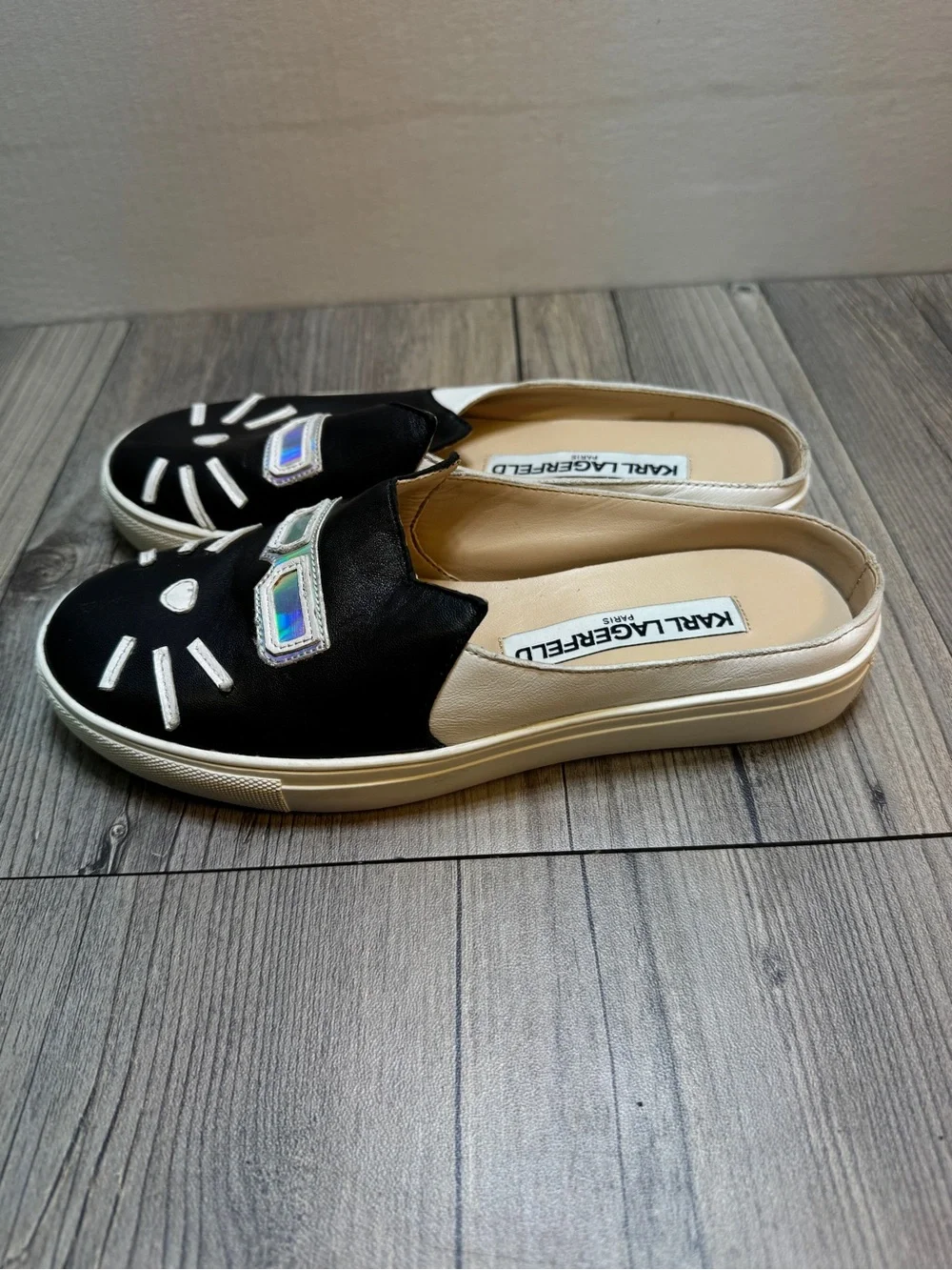 Karl Lagerfeld Paris Black white Leather Cat Mule Slides Shoes Women’s Size 5M